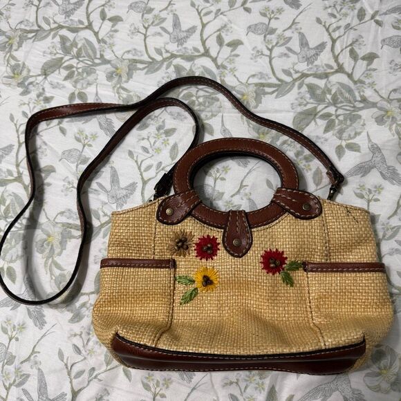 Fossil Vintage Cottage Straw Embroidered Flowers Leather Trim Mini Purse - Picture 1 of 6